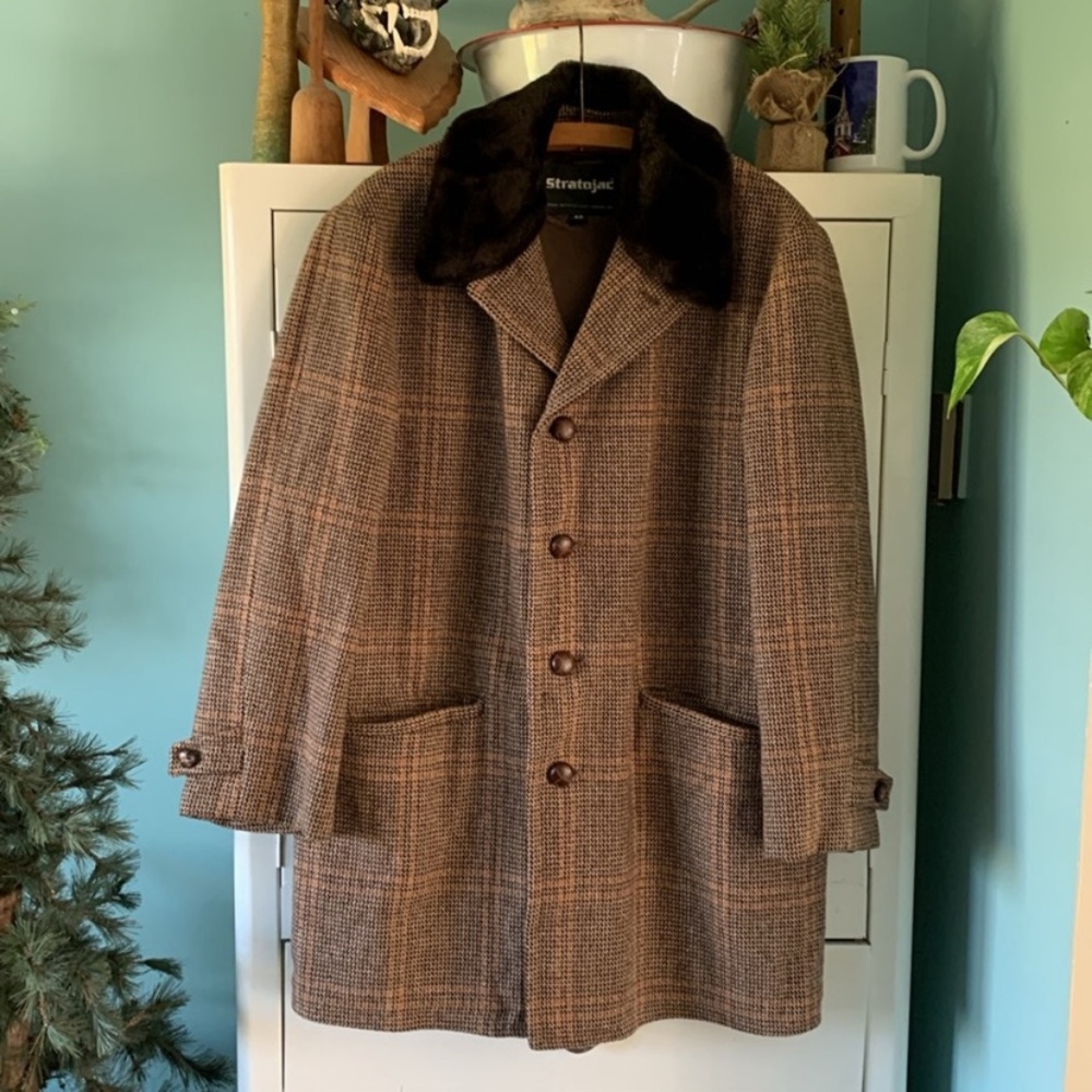 Stratojac Mens Vintage houndstooth Wool overcoat SZ Large